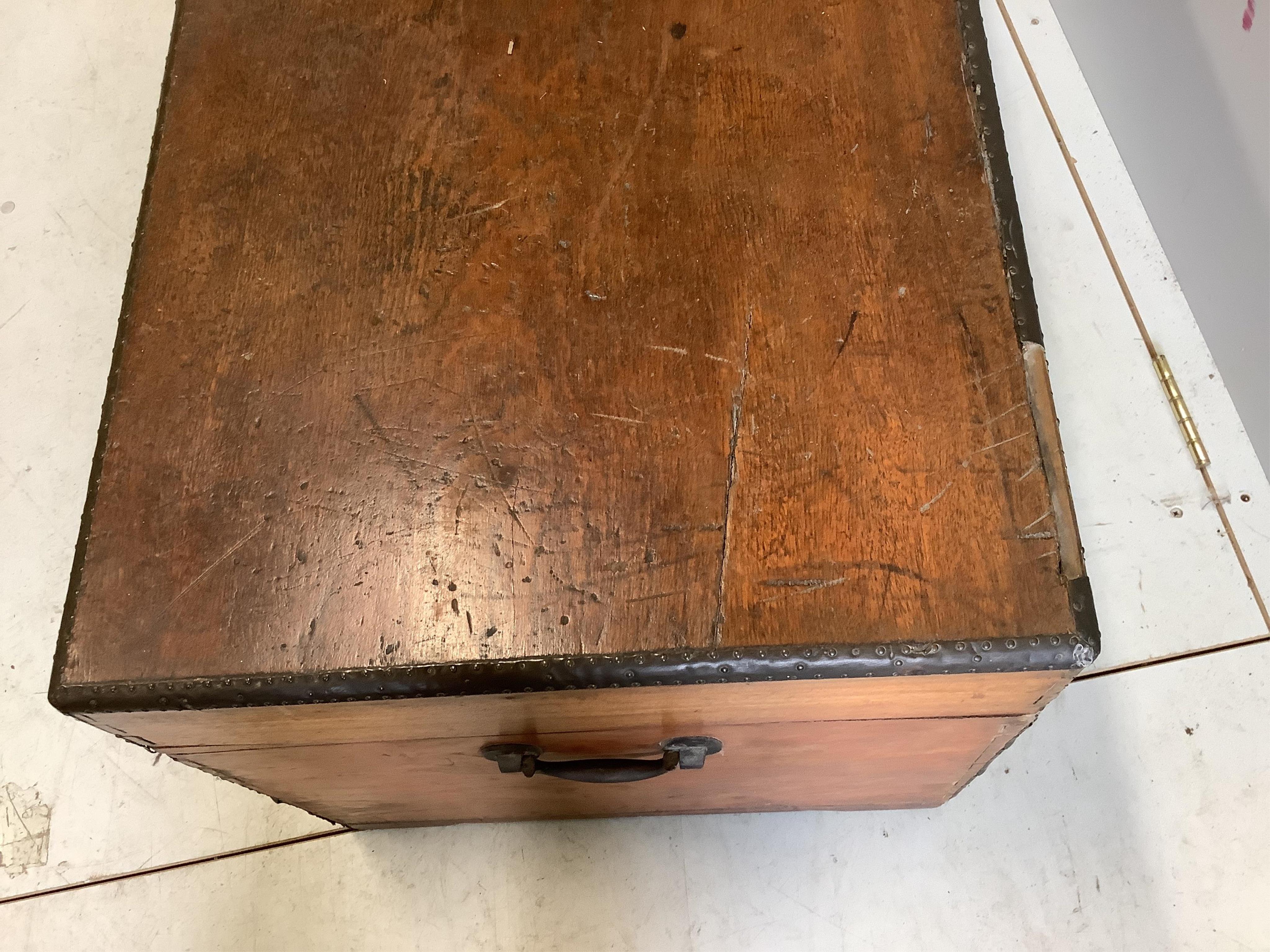 A Victorian oak and camphorwood brass bound trunk, width 100cm, height 46cm. Condition - fair to good